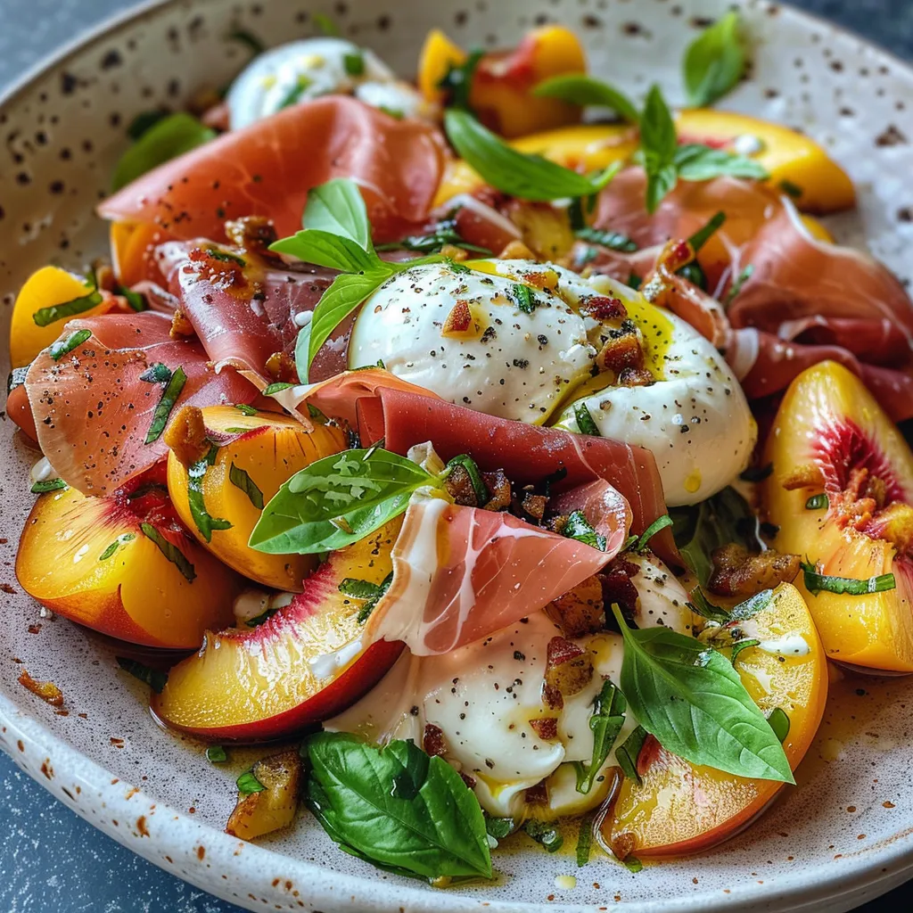 ['Ensalada de melocotón, burrata y prosciutto presentada en un plato.', 'Close up de una ensalada fresca con melocotones, prosciutto y queso burrata.', 'Detalle de ensalada de melocotón con quesos y jamón.', 'Ensalada colorida de frutas y quesos, lista para servir.']