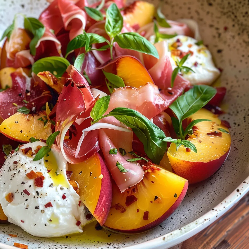 ['Ensalada de melocotón, burrata y prosciutto presentada en un plato.', 'Close up de una ensalada fresca con melocotones, prosciutto y queso burrata.', 'Detalle de ensalada de melocotón con quesos y jamón.', 'Ensalada colorida de frutas y quesos, lista para servir.']