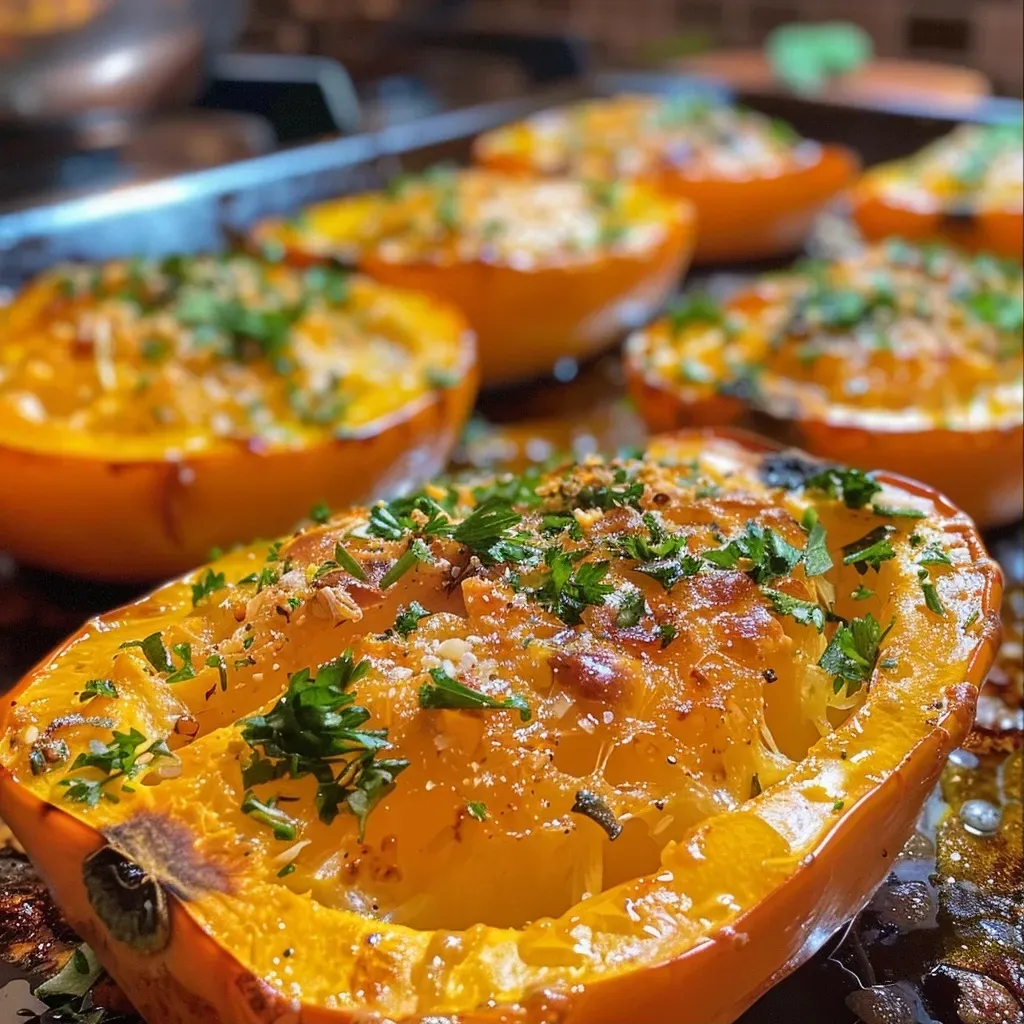 ['Calabaza asada dorada y jugosa en la bandeja del horno.', 'Vista lateral de calabaza asada en horno, con hierbas y ajo.', 'Trocitos de calabaza caramelizados asados en una bandeja.', 'Calabaza al horno presentada con romero y ajo fresco.']
