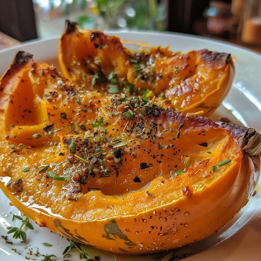 Calabaza asada dorada y jugosa en la bandeja del horno.