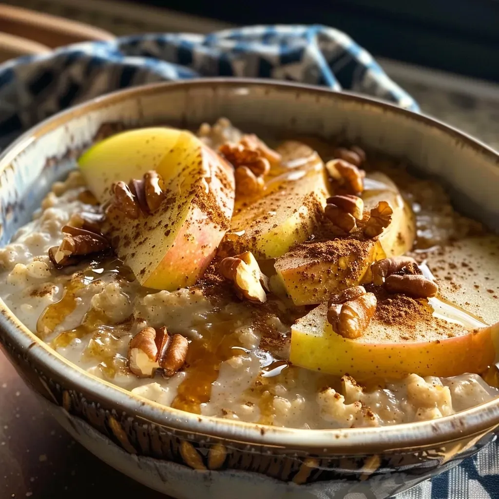 ['Avena con manzana y canela en un tazón, con nueces y jarabe de arce.', 'Primer plano de un desayuno de avena con trozos de manzana y canela.', 'Tazón de avena con manzana y canela, decorado con nueces.', 'Avena caliente con manzana y canela lista para servir.']