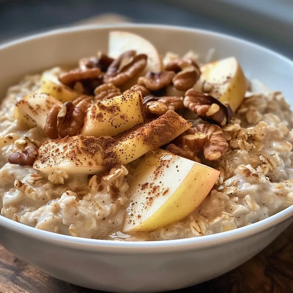 Avena con manzana y canela en un tazón, con nueces y jarabe de arce.