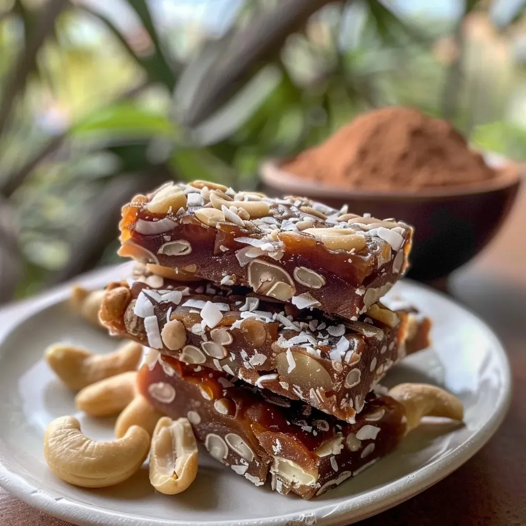 ['Barras de dátiles y nueces sin hornear en un plato.', 'Primer plano de barras de dátiles y nueces recién hechas.', 'Vista lateral de deliciosas barras de energía saludables.', 'Barras saludables de dátiles y nueces en la mesa.']