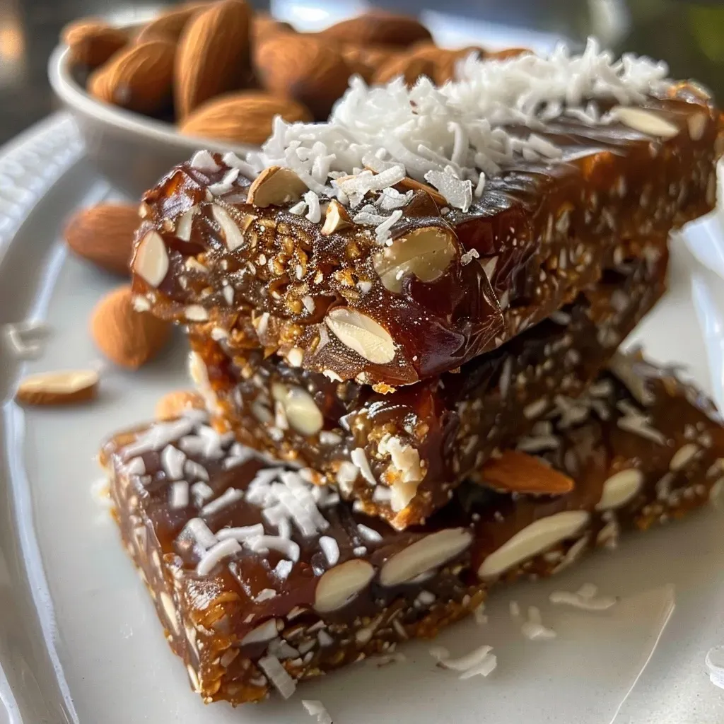 Barras de dátiles y nueces sin hornear en un plato.