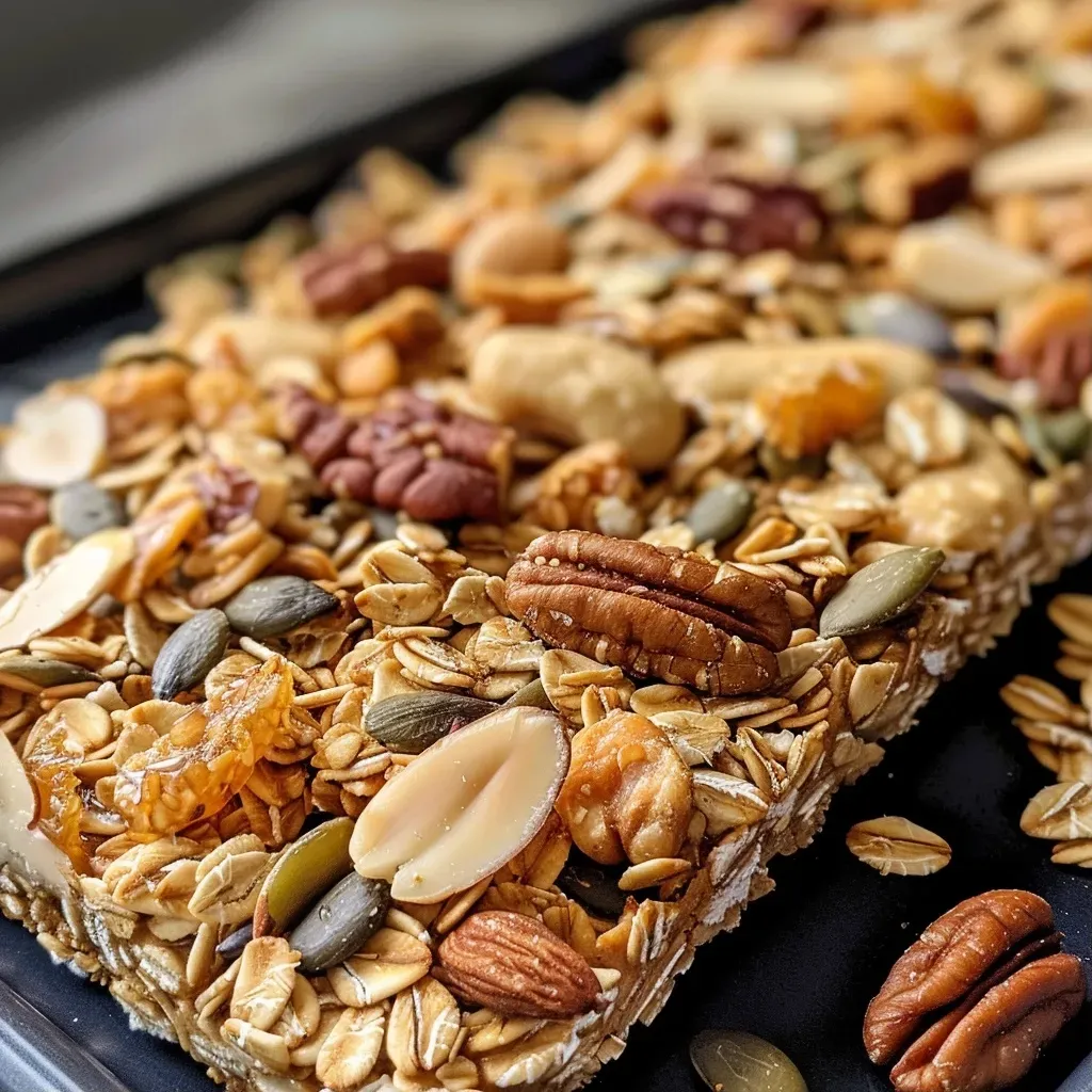 ['Barras de granola caseras de avena con nueces y semillas.', 'Close-up de barras de granola sin proteína en polvo.', 'Detalle de barras de granola caseras y saludables.', 'Vista lateral de barras de granola sin gluten y nutritivas.']