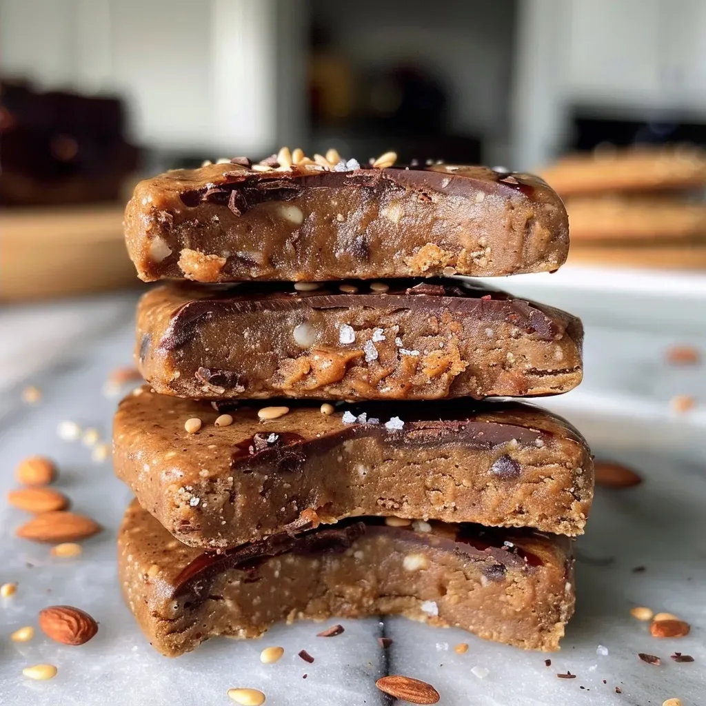 Barras de proteína sin gluten y sin lácteos, cortadas y apiladas en un plato.