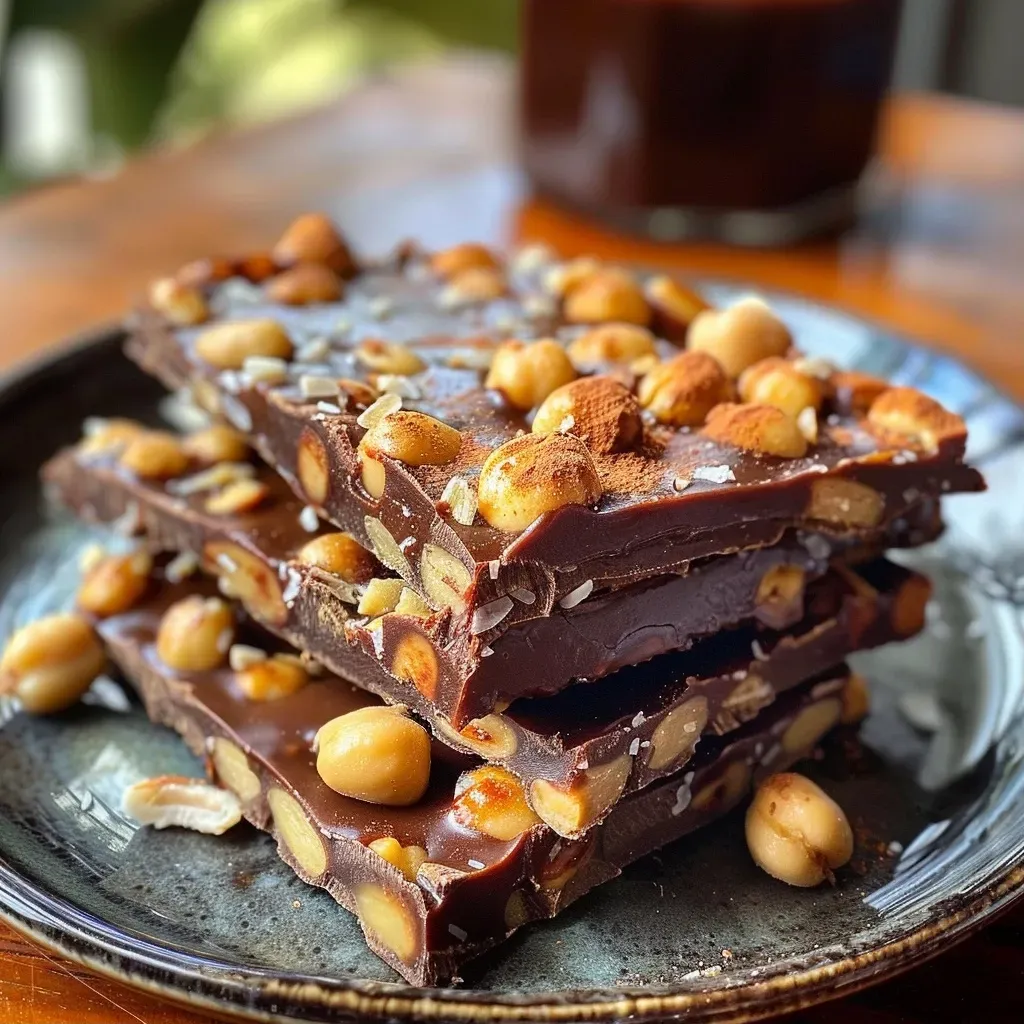 ['Barritas de chocolate y garbanzos en primer plano.', 'Detalle de barritas saludables de chocolate y garbanzos.', 'Vista lateral de barritas de chocolate y garbanzos.', 'Barritas energéticas de chocolate y garbanzos.']