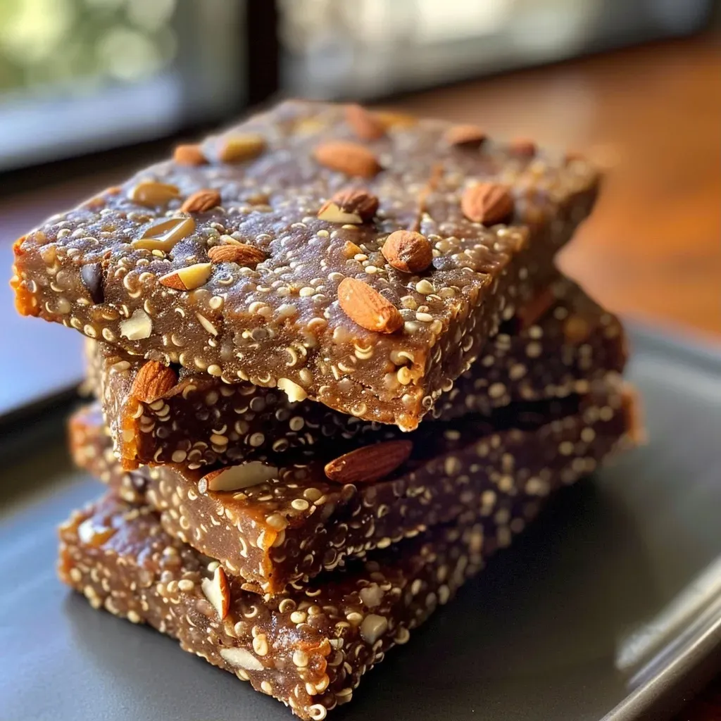 ['Barritas de proteína de quinoa con textura crujiente y chocolate.', 'Close up de barritas de quinoa listas para disfrutar.', 'Detalle de barritas de proteína de quinoa con nueces y chocolate.', 'Barritas de quinoa sobre una superficie blanca, con ingredientes visibles.']