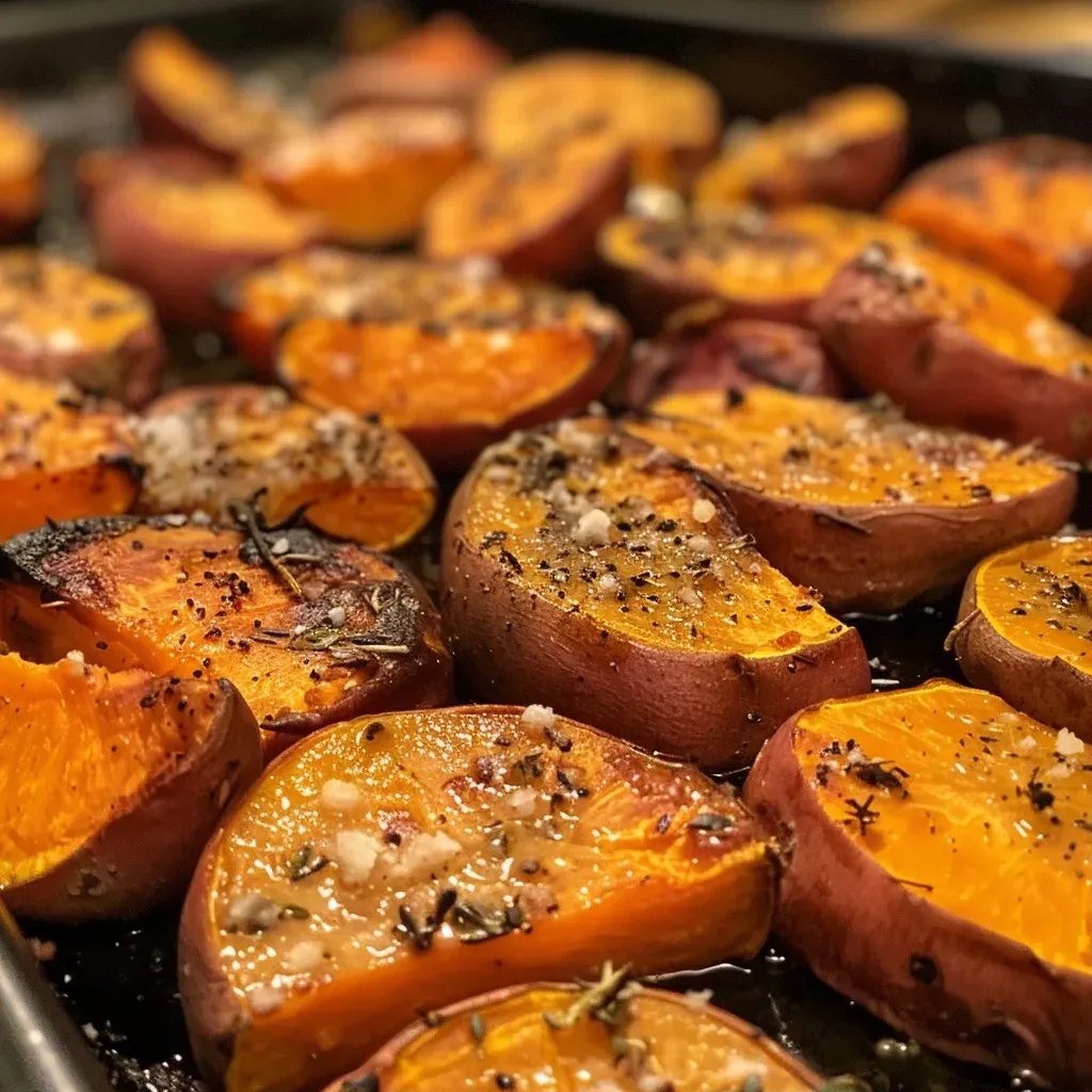 ['Batatas al horno doradas y tiernas vistas de lado.', 'Imagen cercana de batatas al horno con un brillo apetitoso.', 'Porción de batatas al horno, con un color naranja vibrante.', 'Batatas al horno, cortadas por la mitad y listas para servir.']