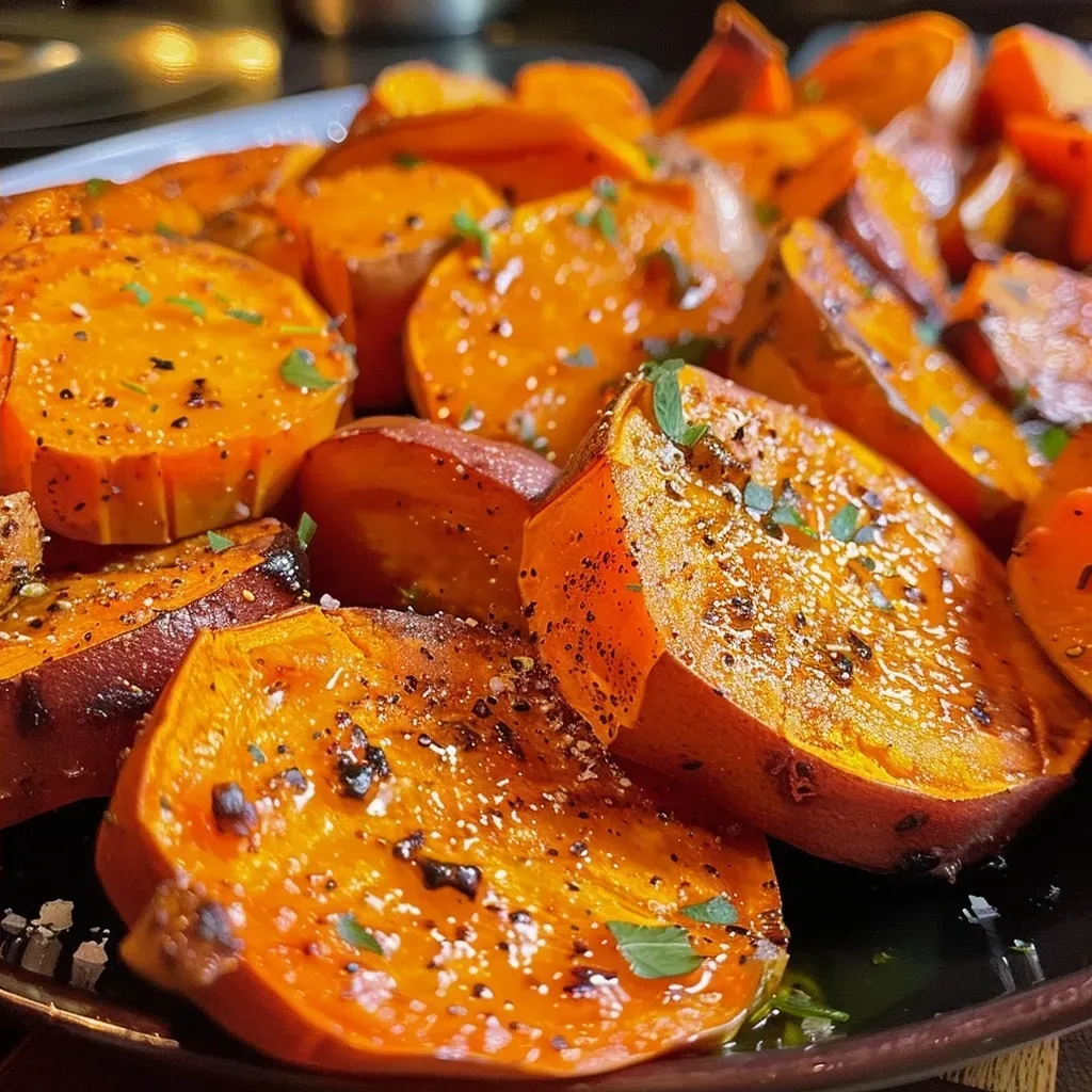 Batatas al horno doradas y tiernas vistas de lado.