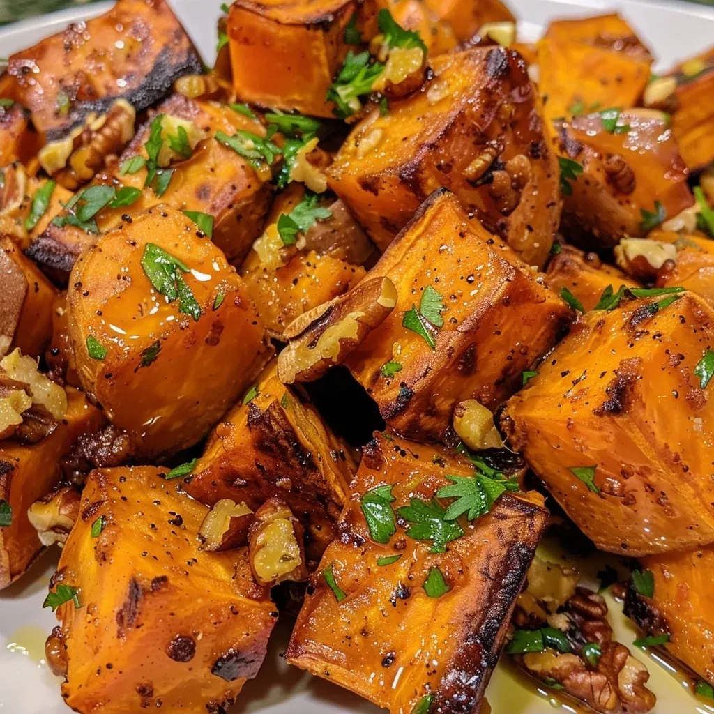 Batatas asadas con maple y nueces en un plato.