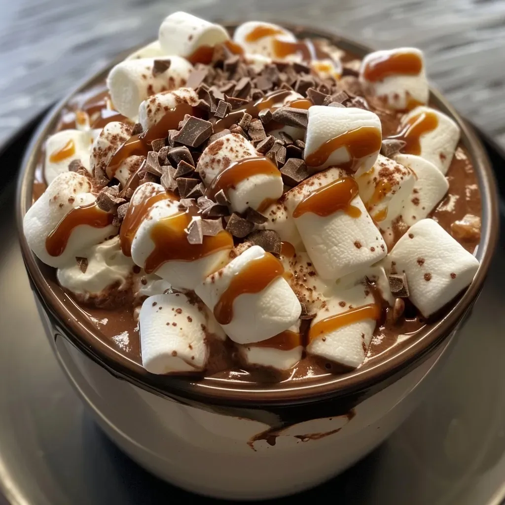 ['Chocolate caliente en slow cooker con mini malvaviscos.', 'Deliciosa taza de cacao caliente con crema batida y chocolate.', 'Primer plano de chocolate caliente en olla de cocción lenta.', 'Bebida reconfortante de chocolate con decoración dulce.']