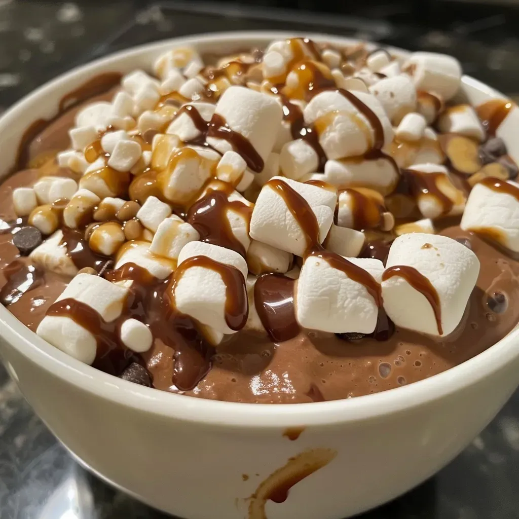 Chocolate caliente en slow cooker con mini malvaviscos.