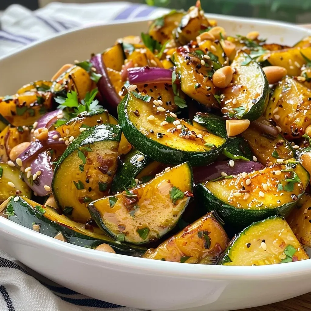 ['Calabacín caramelizado en un plato, resaltando su textura jugosa.', 'Primer plano de calabacín caramelizado, con ajo y cebolla.', 'Sliced zucchini con un brillo dorado, servido con hierbas frescas.', 'Vista lateral de calabacín caramelizado, destacando sus ingredientes frescos.']