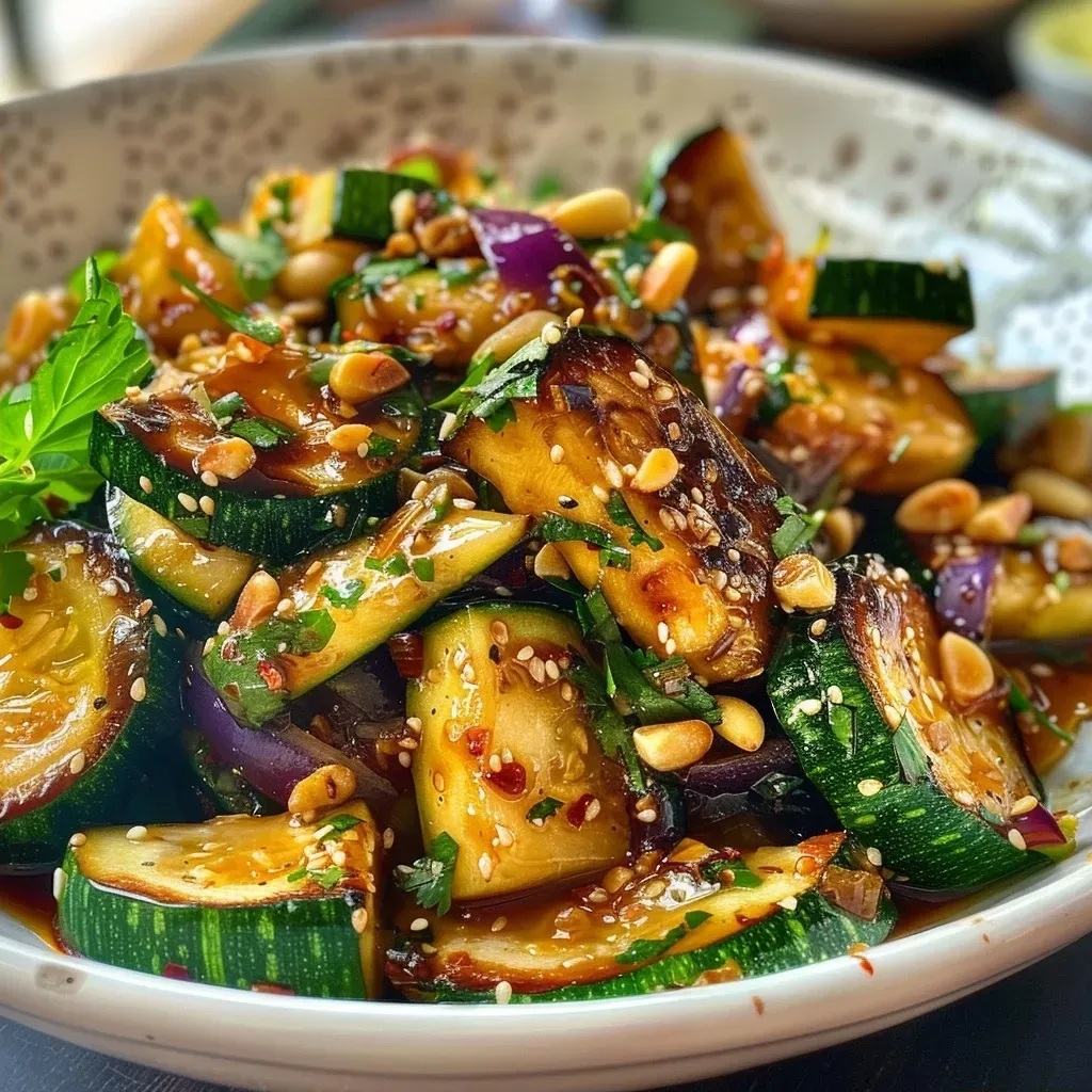 Calabacín caramelizado en un plato, resaltando su textura jugosa.