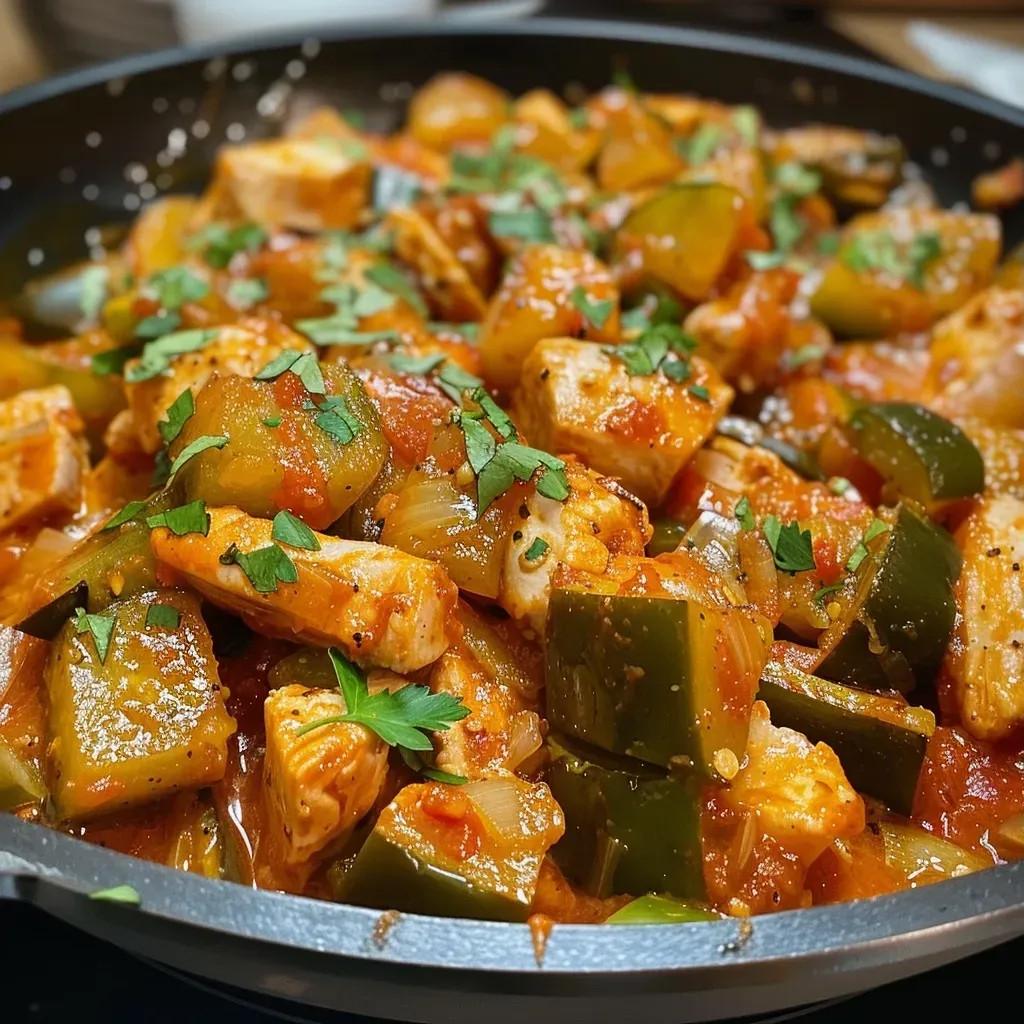 ['Plato de calabacitas con pollo y queso en salsa de chile poblano.', 'Close up de calabacitas con pollo y queso fundido en salsa.', 'Vista lateral del plato de calabacitas con pollo y salsa poblana.', 'Calabacitas con pollo y queso, acompañadas de salsa de chile poblano.']