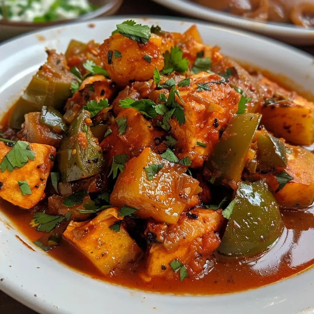 Plato de calabacitas con pollo y queso en salsa de chile poblano.