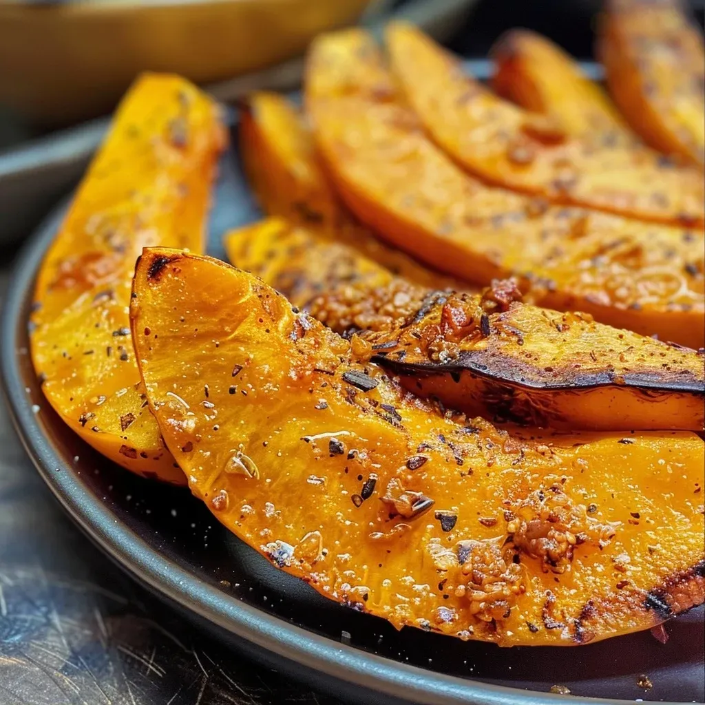 ['Calabaza dorada y crujiente cocinada en una airfryer.', 'Porción de calabaza cocida en airfryer, vista lateral.', 'Calabaza en airfryer, mostrando su textura jugosa.', 'Primer plano de calabaza preparada en airfryer.']