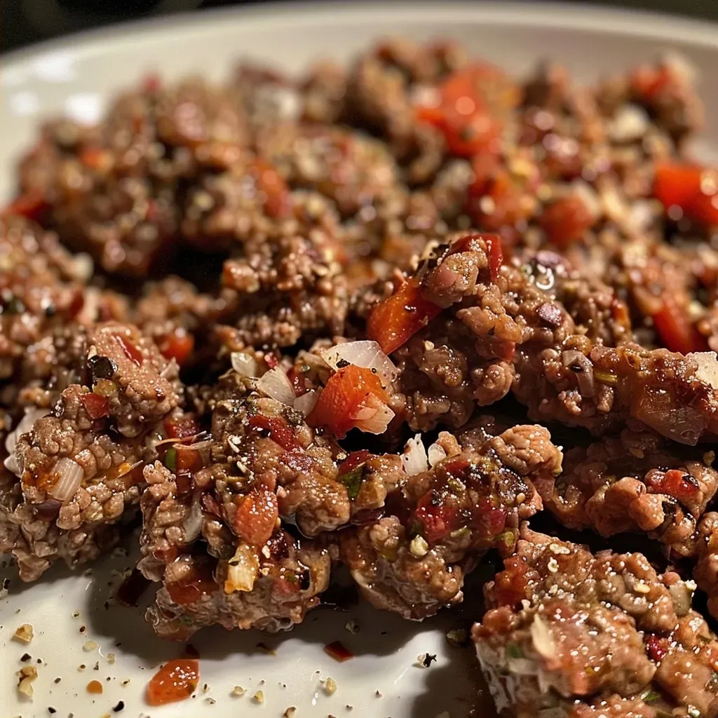 Carne molida cocinada en air fryer, vista lateral cercana.