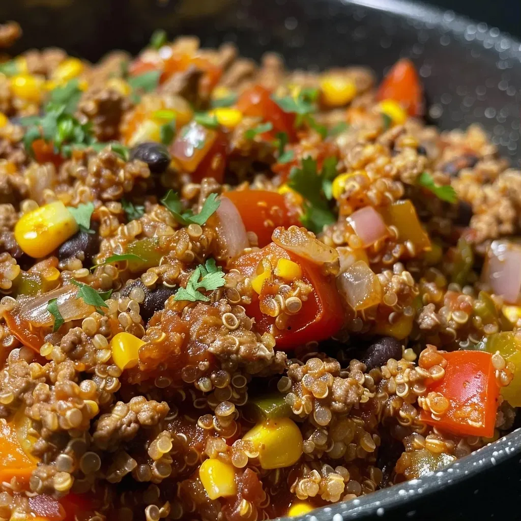 ['Cazuela de quinoa al estilo suroeste con carne y verduras.', 'Vista lateral de una abundante cazuela de quinoa con ingredientes frescos.', 'Primer plano de una deliciosa cazuela de quinoa con queso fundido.', 'Plato de cazuela de quinoa al estilo suroeste, lleno de color y sabor.']