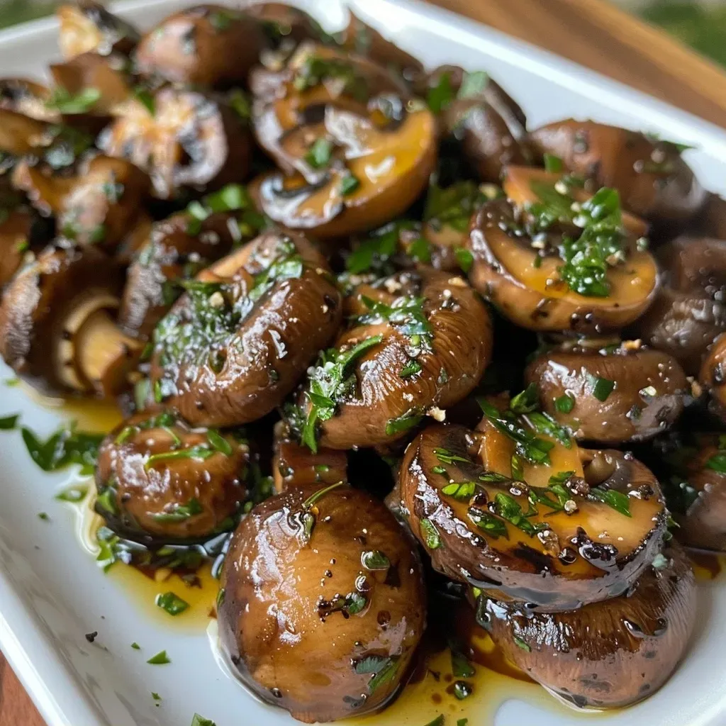 ['Champiñones asados jugosos en un plato.', 'Vista lateral de champiñones crimini asados.', 'Detalle de champiñones asados con hierbas frescas.', 'Porción de champiñones asados con aceite de oliva.']