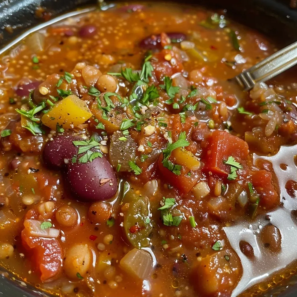 ['Primer plano de un tazón de chili de lentejas con ingredientes frescos.', 'Vista lateral de un chili de lentejas humeante servido en un tazón.', 'Placa de chili de lentejas con albahaca y limón como guarnición.', 'Tazón de chili de lentejas colorido y apetitoso con toppings.']