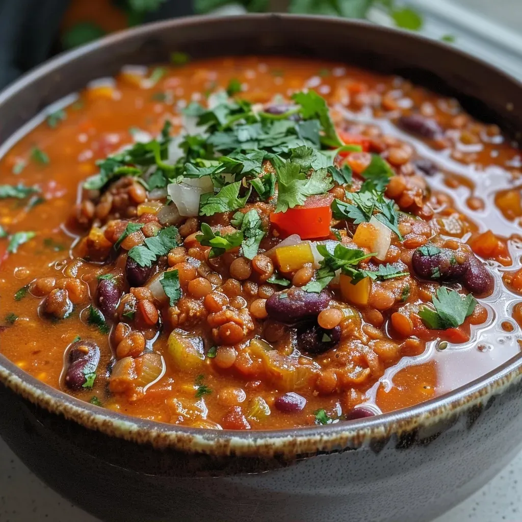 Primer plano de un tazón de chili de lentejas con ingredientes frescos.