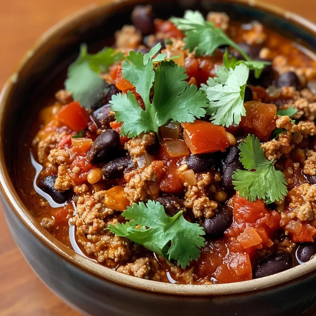 ['Chili de pavo saludable con frijoles negros y rojos.', 'Close up de un delicioso chili de pavo lleno de ingredientes saludables.', 'Plato de chili de pavo con tomates y especias a la vista.', 'Chili de pavo jugoso presentado en un tazón.']