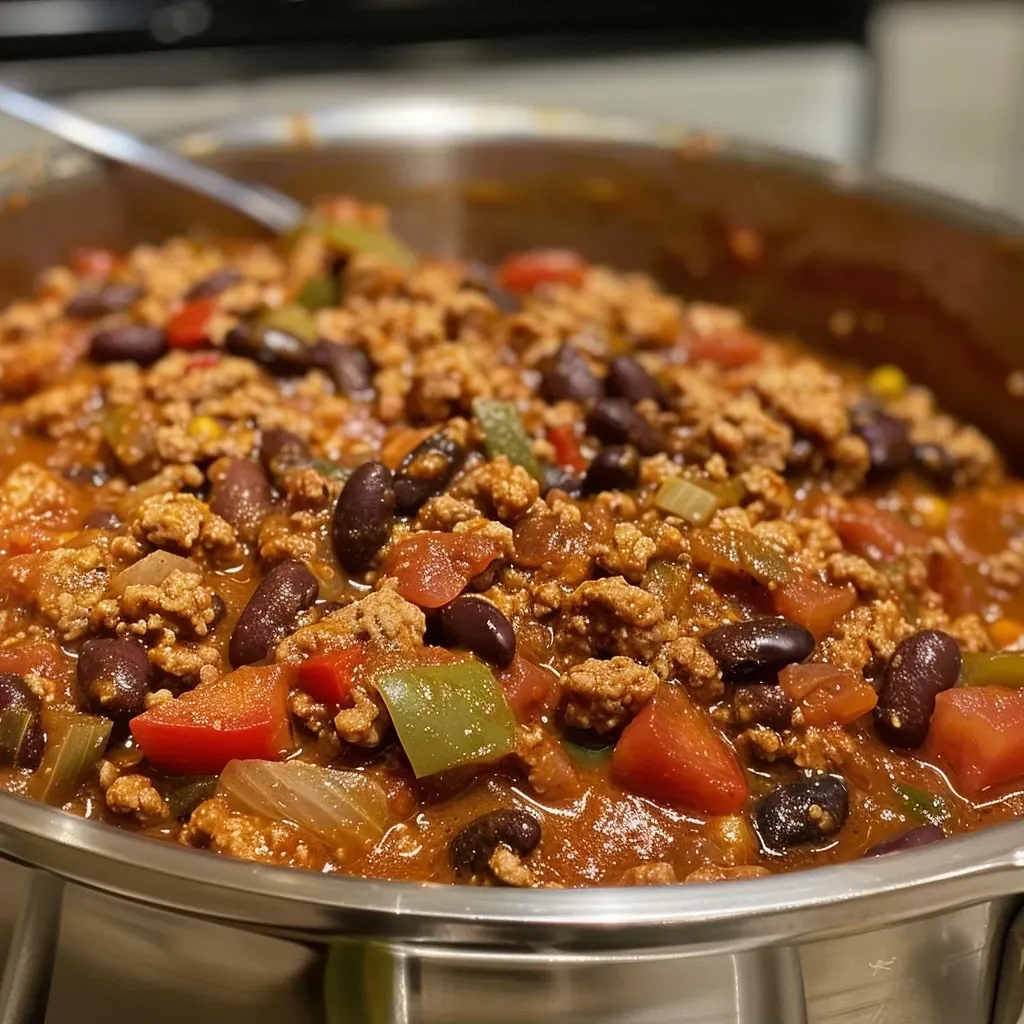 Chili de pavo saludable con frijoles negros y rojos.