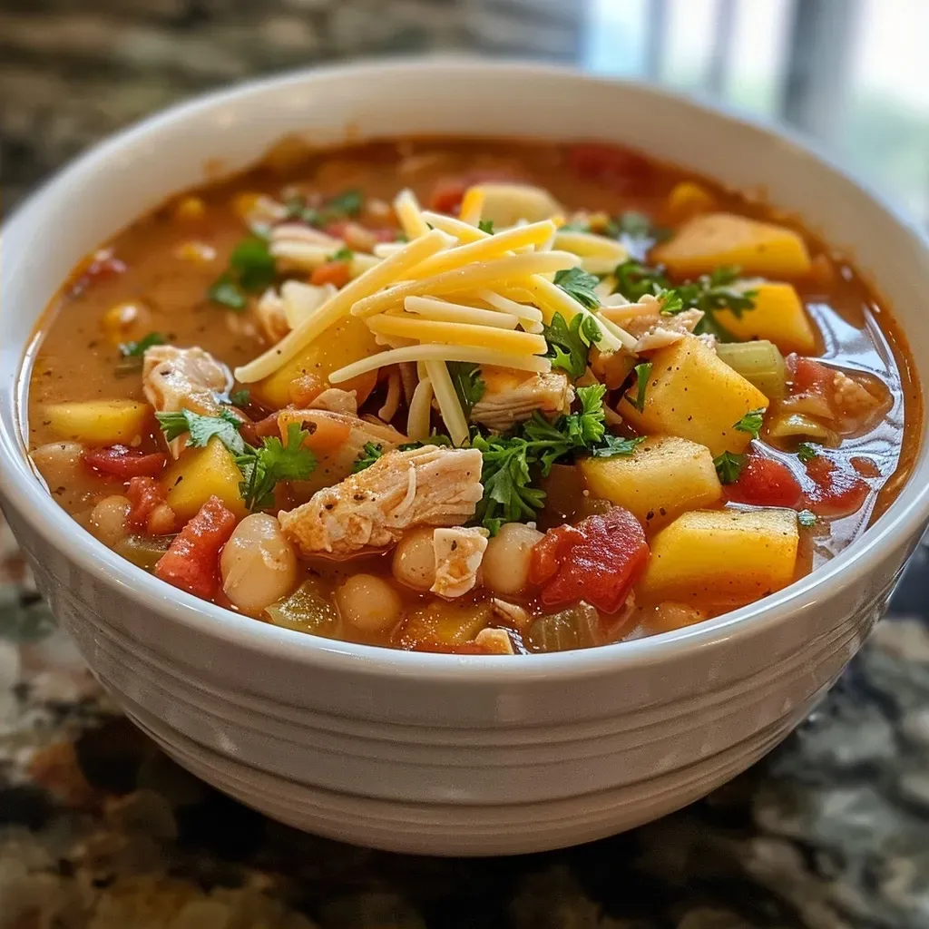 Plato de chili de pollo con cheddar y manzana, visto de lado.