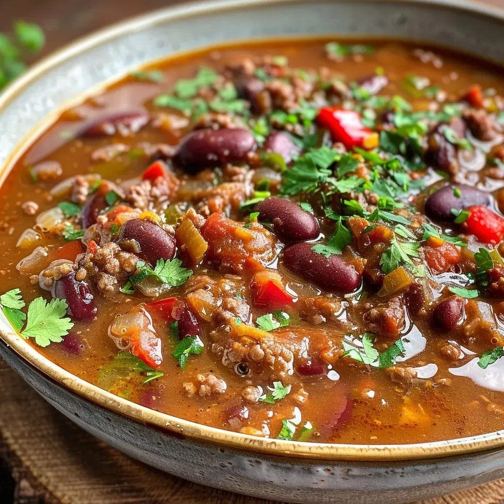['Close up de un plato de Chili de Tres Frijoles con ingredientes frescos.', 'Chili de Tres Frijoles servido en un tazón, mostrando sus variados colores.', 'Primer plano de Chili de Tres Frijoles con frijoles negros, rojos y alubias.', 'Detalle de un delicioso Chili de Tres Frijoles, con vegetales y frijoles.']