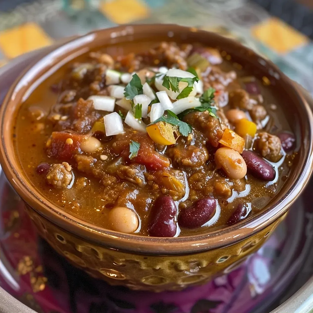 Close up de un plato de Chili de Tres Frijoles con ingredientes frescos.