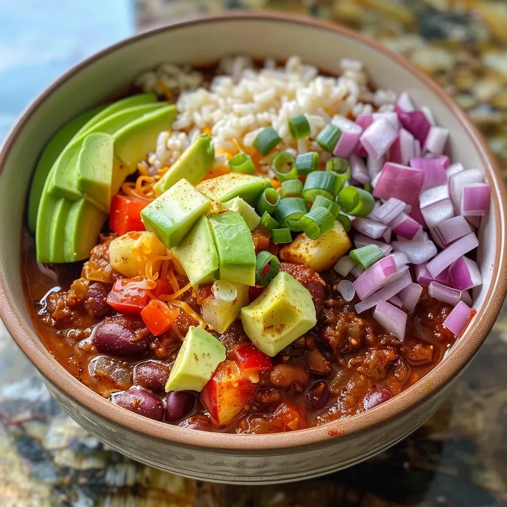 ['Chili vegano con manzanas en un plato.', 'Close-up del chili vegano con manzana y otros ingredientes.', 'Tazón de chili vegano con manzanas y decoraciones.', 'Vista lateral de un chili vegano con manzanas y hierbas frescas.']