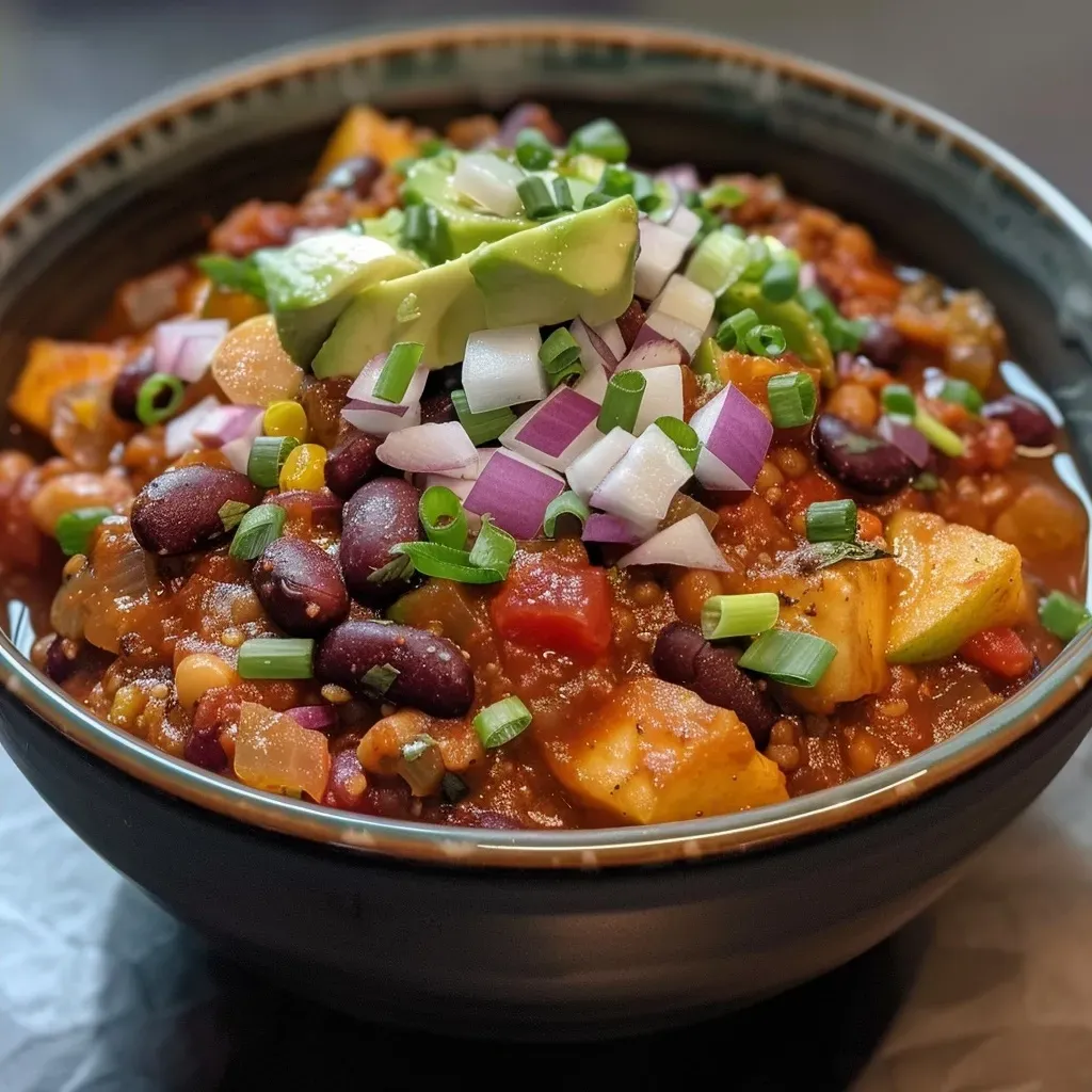 Chili vegano con manzanas en un plato.