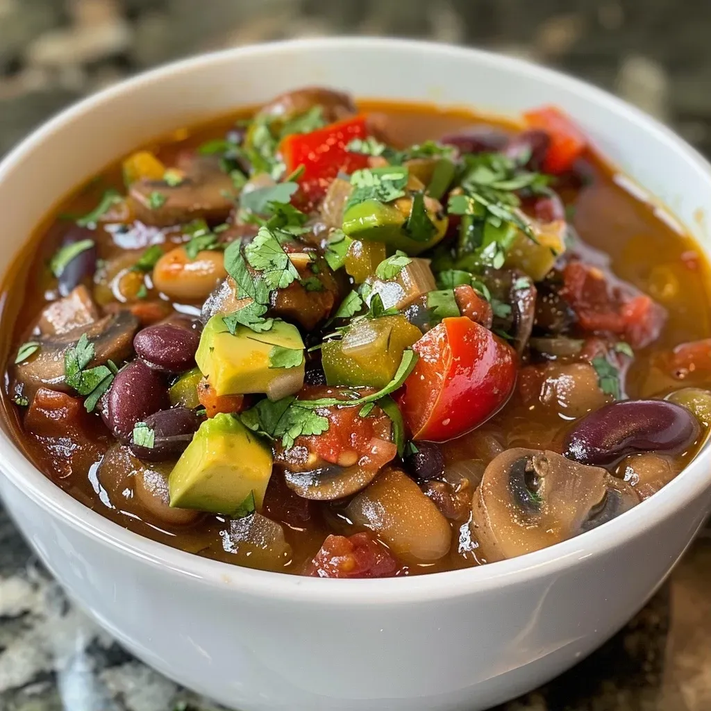 ['Chili vegano de champiñones en un plato, presentado con aguacate y crema vegana.', 'Vista lateral de un chili vegano de champiñones con ingredientes frescos.', 'Tazón de chili vegano de champiñones decorado con queso mozzarella vegano.', 'Placa de chili vegano de champiñones, muy colorido y apetitoso.']