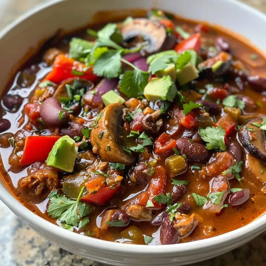 Chili vegano de champiñones en un plato, presentado con aguacate y crema vegana.