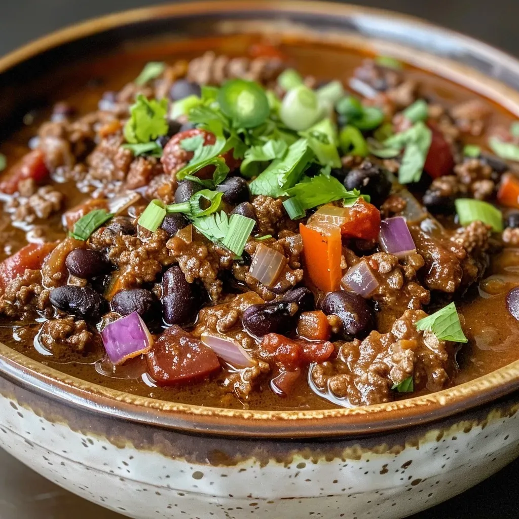 ['Tazón de Chocolate Chili con ingredientes frescos.', 'Primer plano de un plato de Chocolate Chili.', 'Chocolate Chili servido en un cuenco con carne y frijoles.', 'Chocolate Chili con trozos de chocolate visible en la mezcla.']