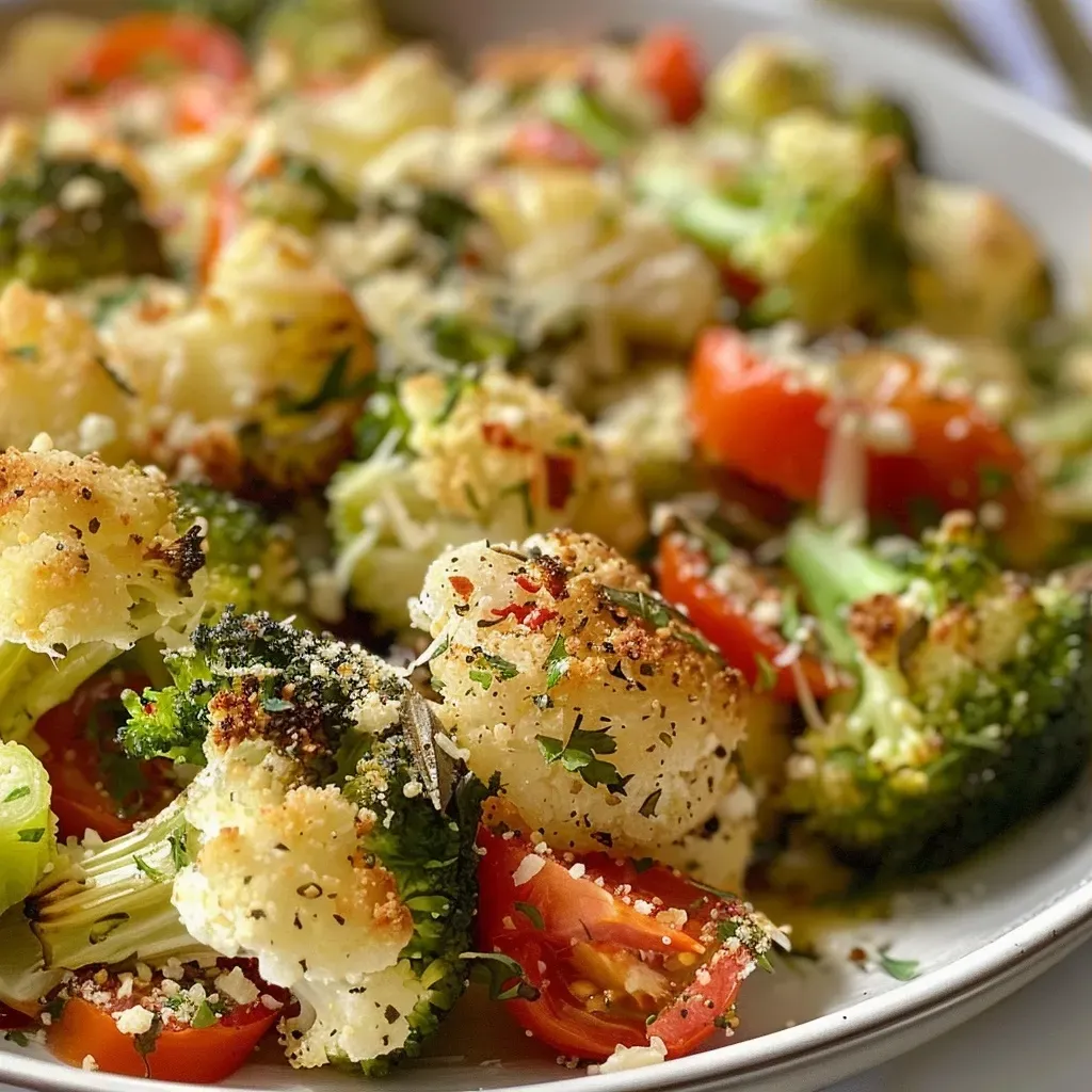 ['Coliflor y brócoli gratinados con queso parmesano en una olla de cocción lenta.', 'Porción de coliflor y brócoli a la parmesana en un plato.', 'Primer plano de coliflor y brócoli cubiertos con queso en una olla.', 'Tazón con coliflor y brócoli a la parmesana, listo para servir.']