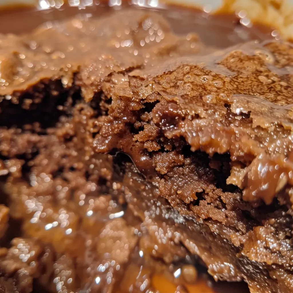 Cobertura de chocolate fundido en un Cobbler del sur, presentado en un tazón.