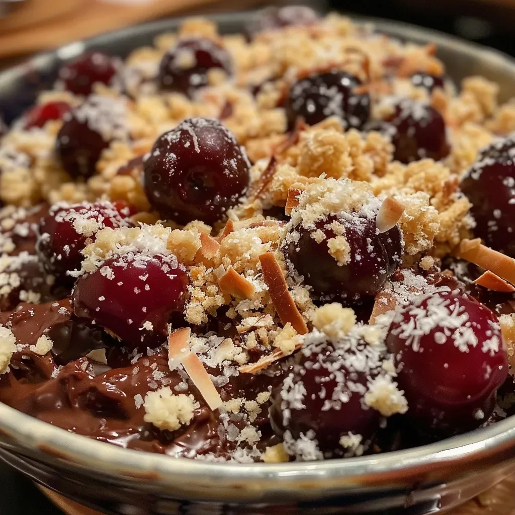 ['Crumble de cereza y chocolate en un plato, con textura crujiente.', 'Detalle del crumble de cereza y chocolate, mostrando su jugosidad.', 'Porción de crumble de cereza y chocolate, con cerezas frescas visibles.', 'Vista lateral de crumble de cereza y chocolate, resaltando su capa crujiente.']