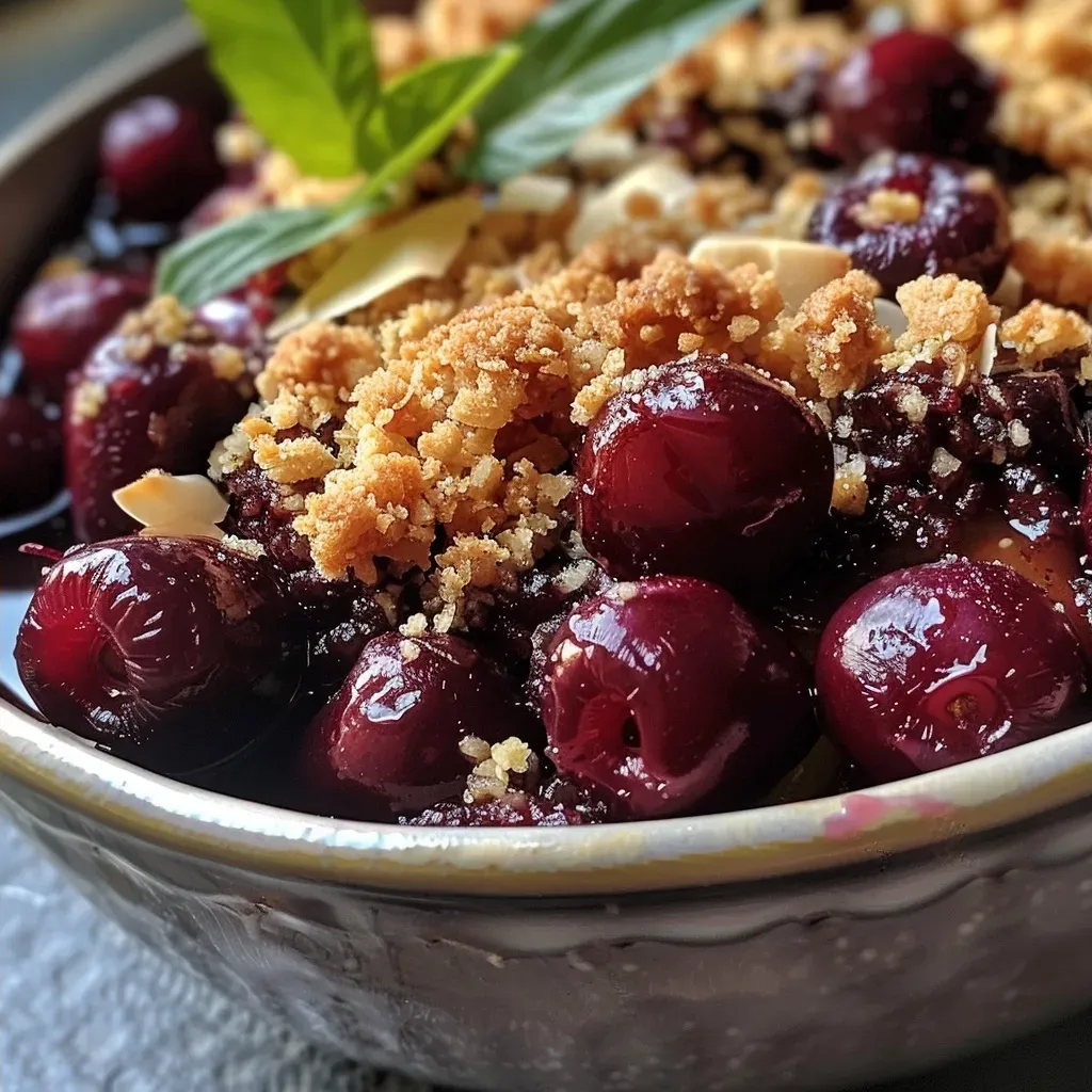 Crumble de cereza y chocolate en un plato, con textura crujiente.