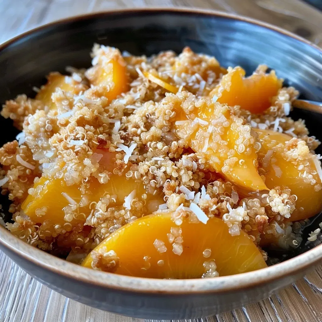 ['Primer plano de un crumble de frutas jugoso sin gluten.', 'Cierre lateral de un crumble de duraznos y nectarinas.', 'Crumble sin gluten con frutas frescas y cobertura dorada.', 'Detalle de un delicioso crumble de frutas frescas y crujiente.']