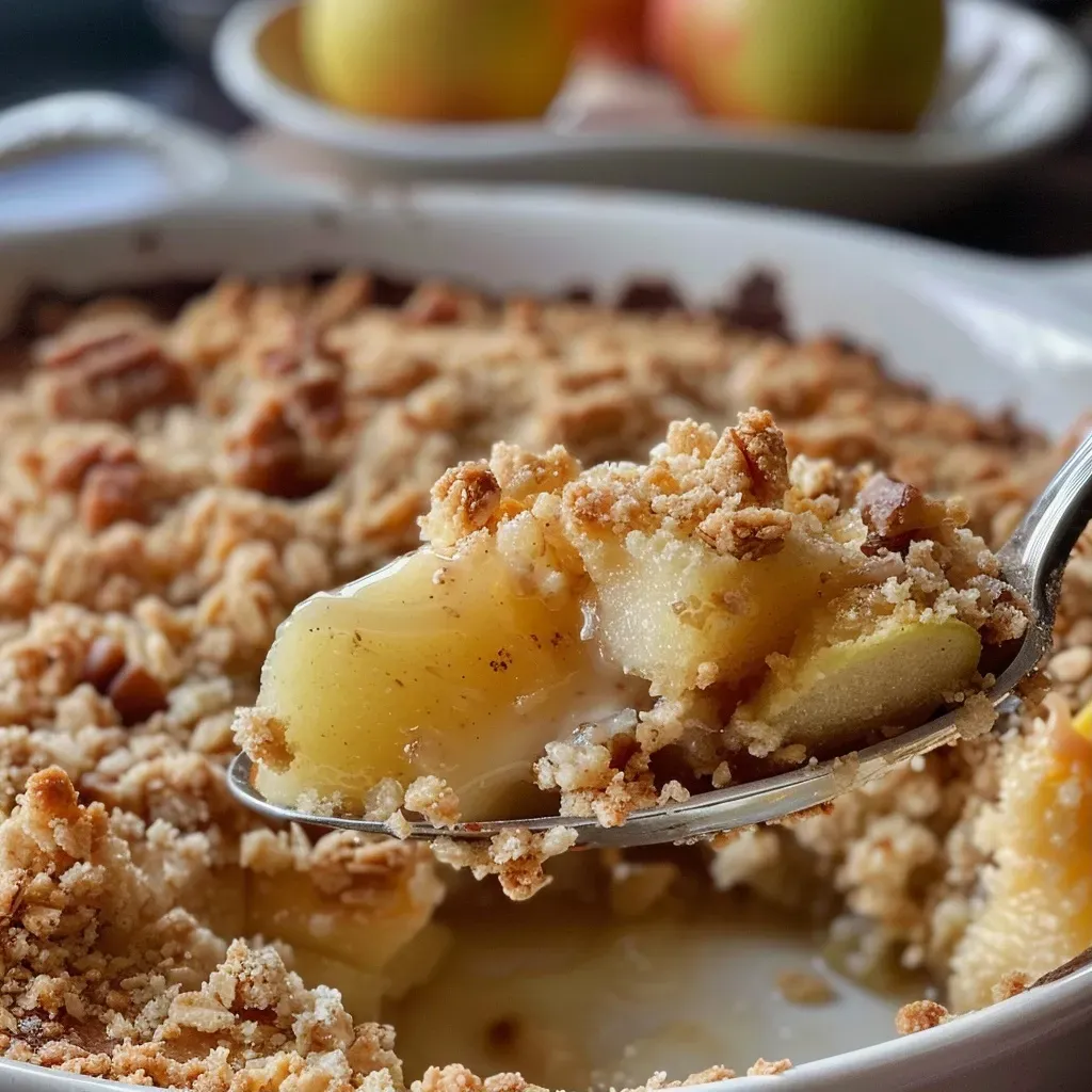 ['Crumble de manzana fácil en un plato, mostrando su textura dorada.', 'Primer plano de un crumble de manzana con trozos de fruta visible.', 'Vista lateral de un crumble de manzana, con nueces y un acabado crujiente.', 'Porción de crumble de manzana listo para servir, con su cobertura dorada.']