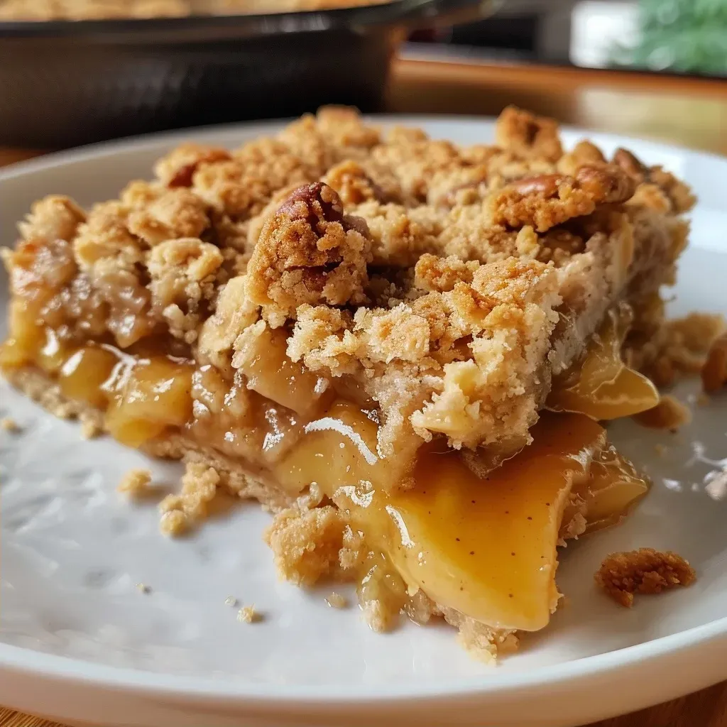 Crumble de manzana fácil en un plato, mostrando su textura dorada.