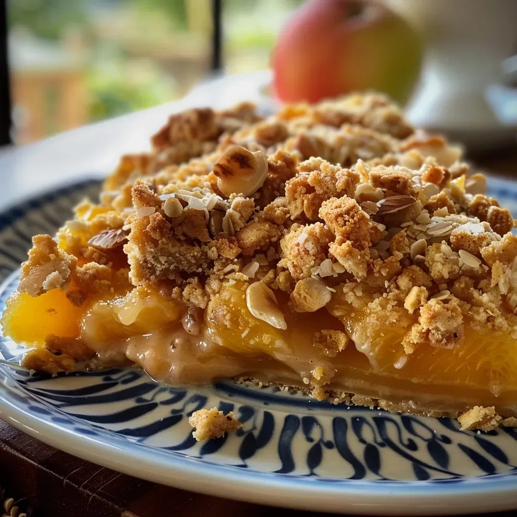 ['Crumble de melocotón dorado y jugoso con una textura crujiente.', 'Primer plano de un crumble de melocotón recién horneado.', 'Delicioso postre de crumble de melocotón servido en un plato.', 'Vista lateral de un crumble de melocotón con helado de vainilla.']