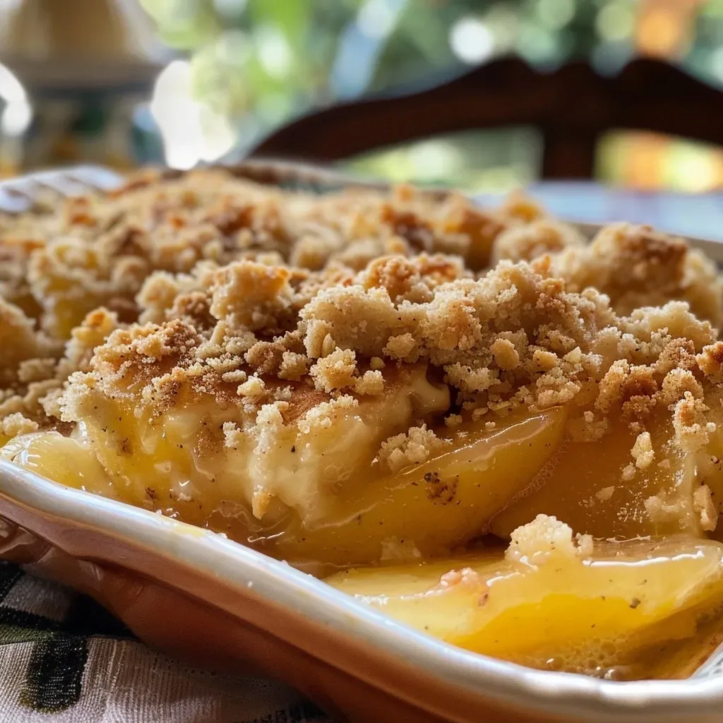 Crumble de melocotón dorado y jugoso con una textura crujiente.