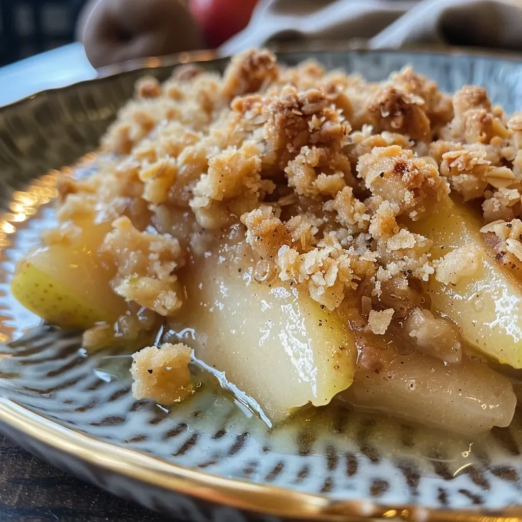 ['Crumble de pera clásico con textura dorada y jugosas peras.', 'Primer plano de un crumble de peras recién horneado.', 'Detalle de la capa crujiente de un crumble de pera.', 'Vista lateral de un crumble de pera con ingredientes visibles.']