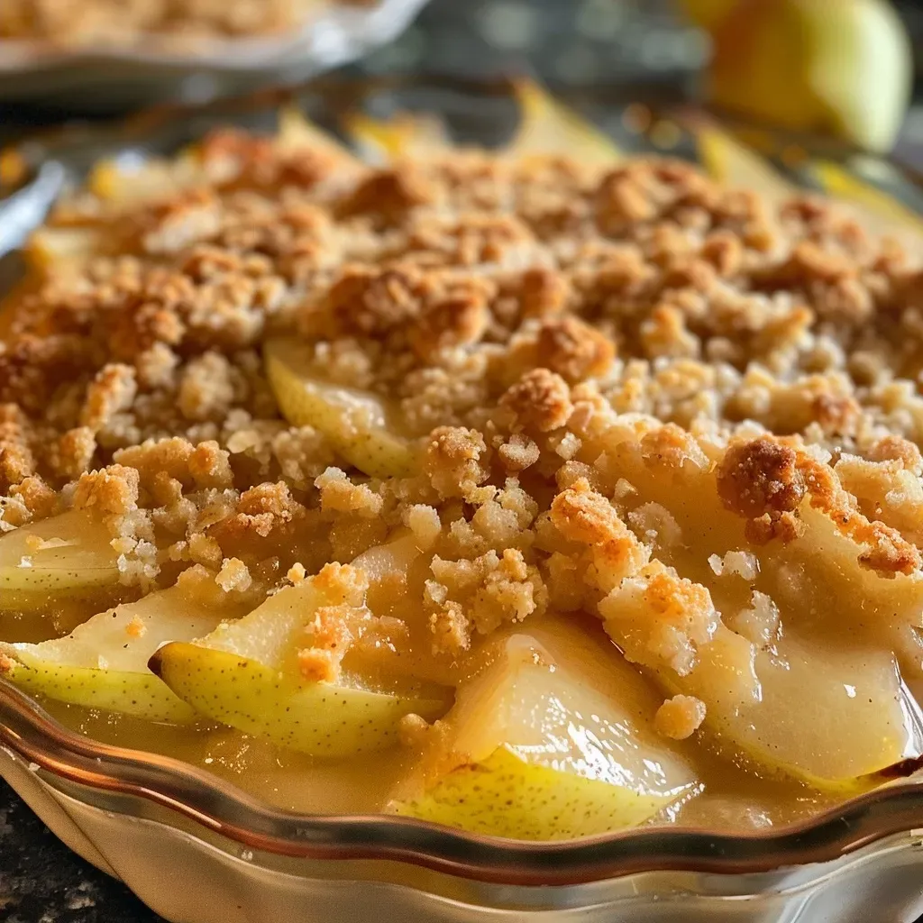 Crumble de pera clásico con textura dorada y jugosas peras.
