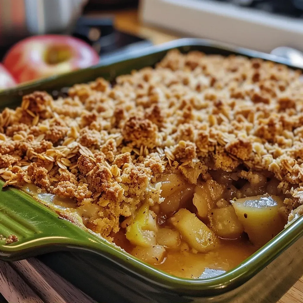 ['Crumble de uva con manzana en primer plano, mostrando la textura crujiente.', 'Vista lateral de un crumble de uva y manzana, resaltando su jugosidad.', 'Detalle del crumble de uva y manzana, con uvas y manzana visibles en la mezcla.', 'Crumble de uva con manzana en una fuente, con ingredientes frescos a su alrededor.']