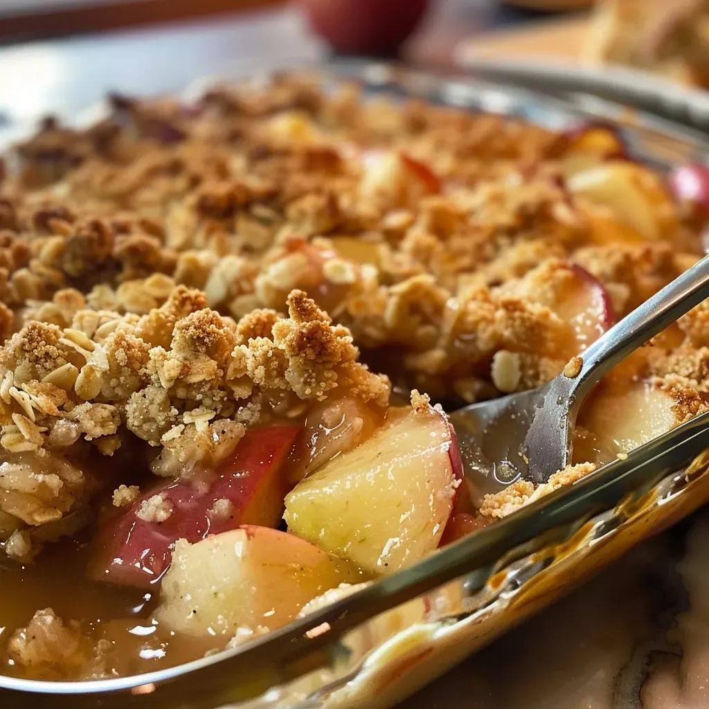 Crumble de uva con manzana en primer plano, mostrando la textura crujiente.